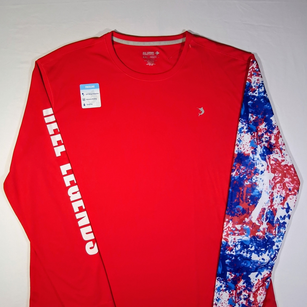 Reel Legends Red Long-Sleeve Performance Tee with Blue-White-Red Printed Sleeve